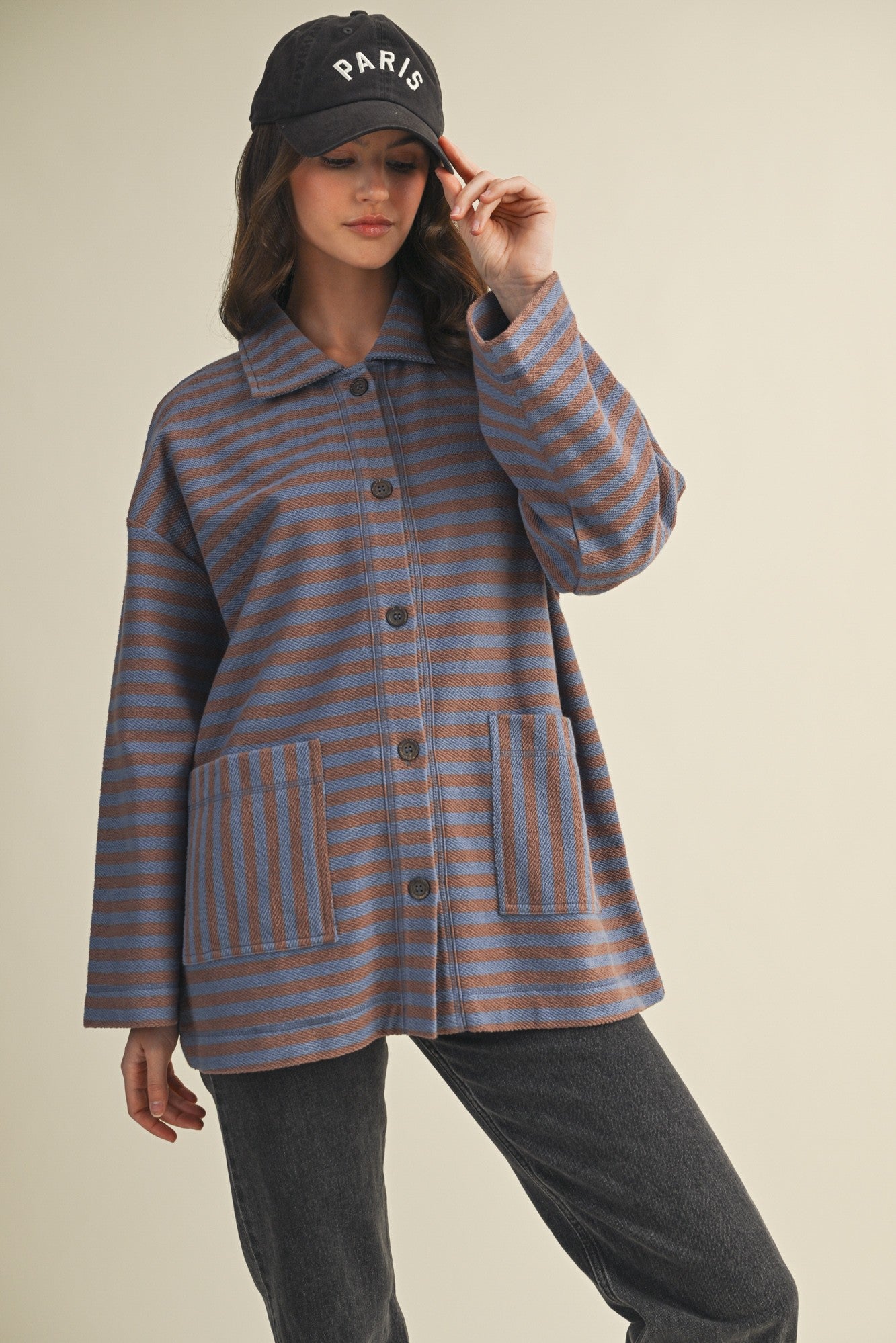 Cozy in stripes button-up jacket in denim combo with oversized fit and textured fabric