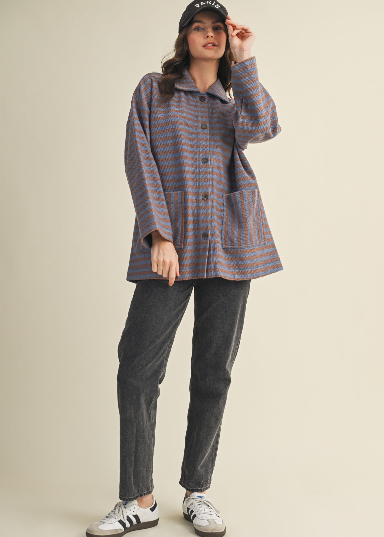 Cozy in stripes button-up jacket in denim combo styled for everyday layering
