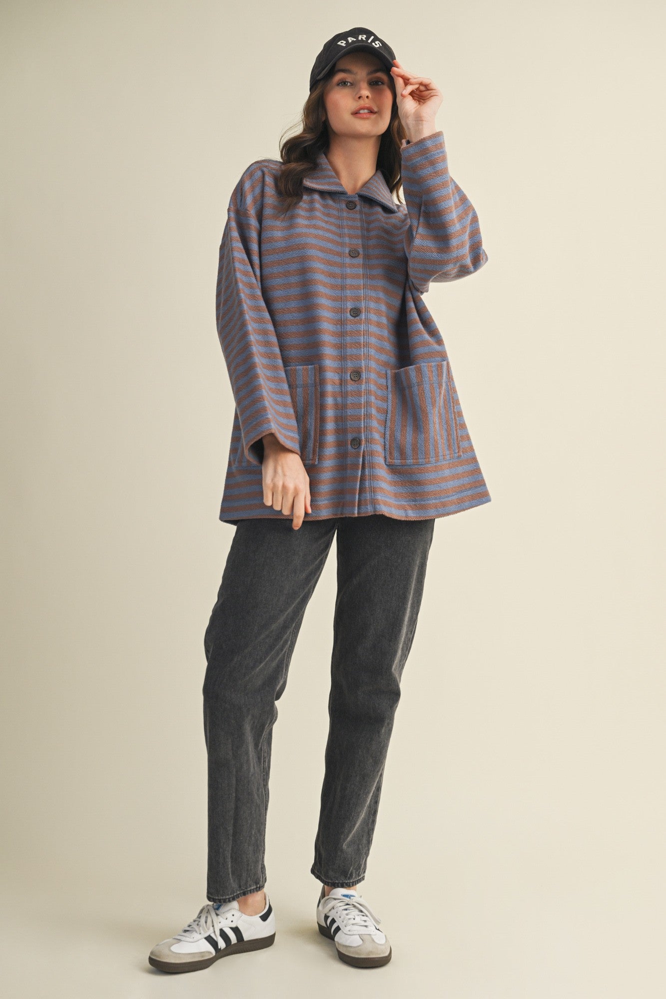 Cozy in stripes button-up jacket in denim combo styled for everyday layering