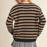 Back view of cozy stripe v neck pullover in black and mocha