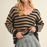 Cozy Stripe V Neck Pullover - Black/Mocha