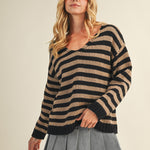 Cozy stripe v neck pullover in black and mocha styled for everyday wear