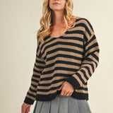 Cozy stripe v neck pullover in black and mocha styled for everyday wear