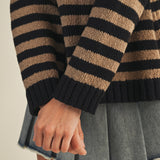 Close-up of sleeve and ribbed cuff on cozy stripe v neck pullover in black and mocha