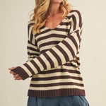 Cozy stripe v neck pullover in brown and ivory styled for everyday wear