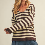 Cozy stripe v neck pullover in brown and ivory styled for everyday wear