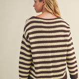 Back view of cozy stripe v neck pullover in brown and ivory