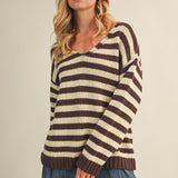 Cozy stripe v neck pullover in brown and ivory with relaxed oversized fit