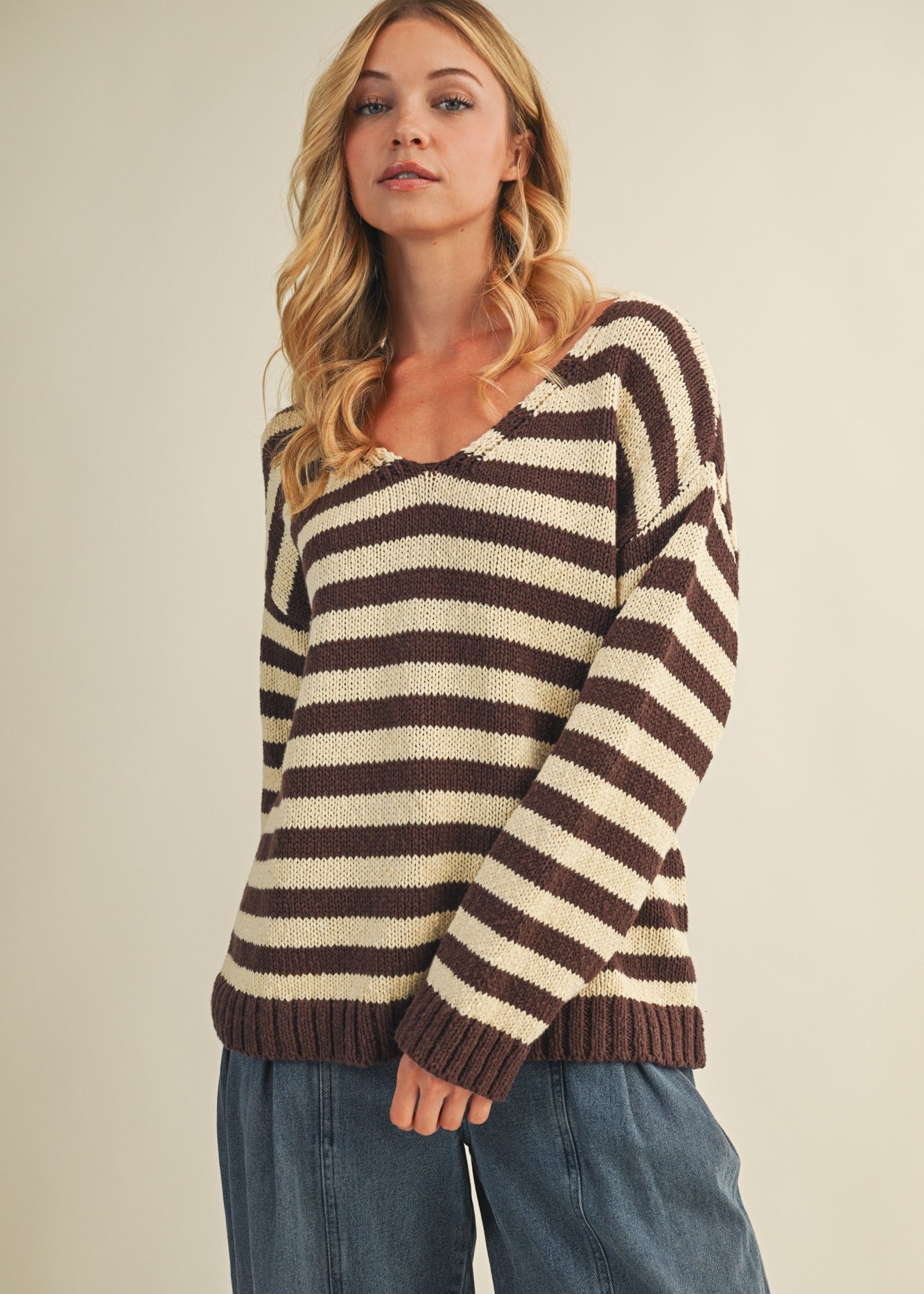 Cozy stripe v neck pullover in brown and ivory with relaxed oversized fit
