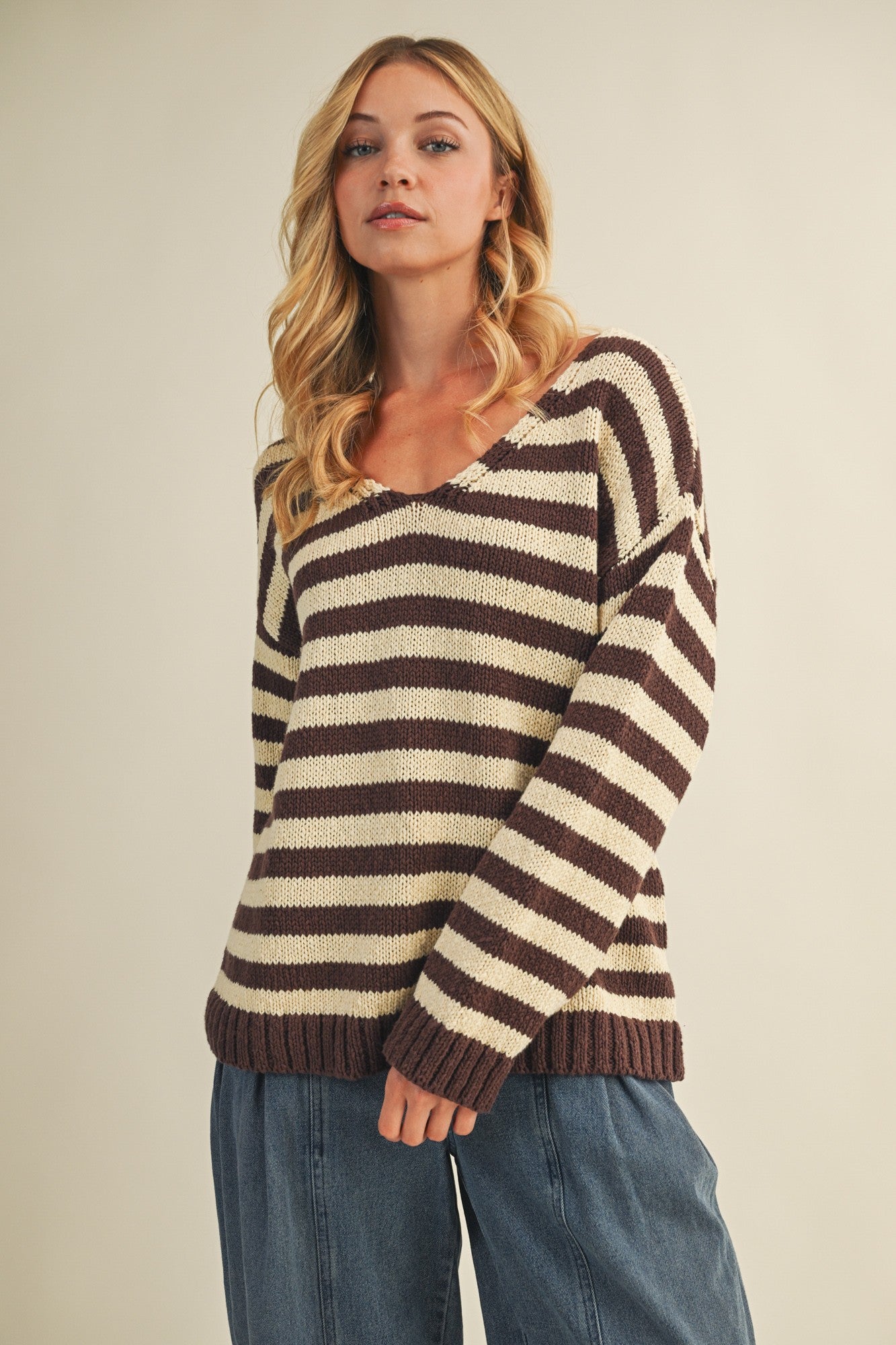 Cozy stripe v neck pullover in brown and ivory with relaxed oversized fit