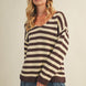 Cozy stripe v neck pullover in brown and ivory with relaxed oversized fit