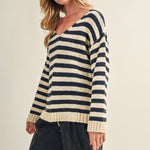 Angled front view of cozy stripe v neck pullover in navy and ivory