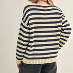 Back view of cozy stripe v neck pullover in navy and ivory