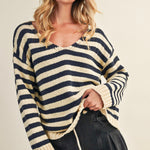 Cozy stripe v neck pullover in navy and ivory with relaxed oversized fit