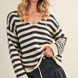 Cozy stripe v neck pullover in navy and ivory with relaxed oversized fit