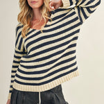 Cozy stripe v neck pullover in navy and ivory styled casually