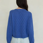 Dara Eyelet Button Down Cardigan in Vintage Blue back view
