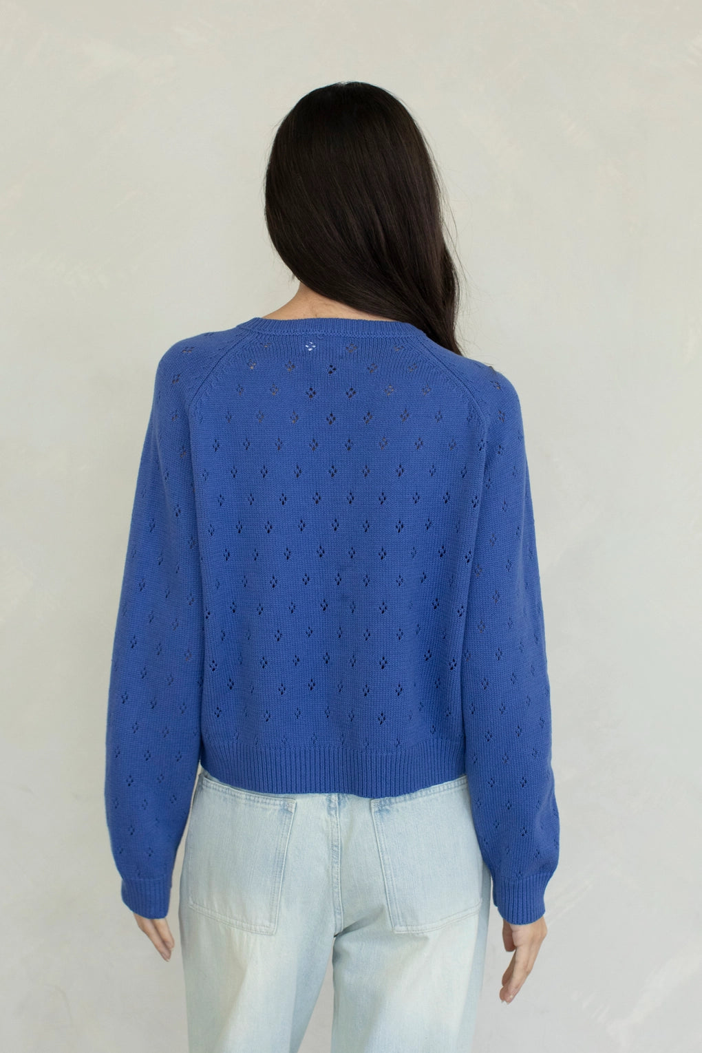 Dara Eyelet Button Down Cardigan in Vintage Blue back view