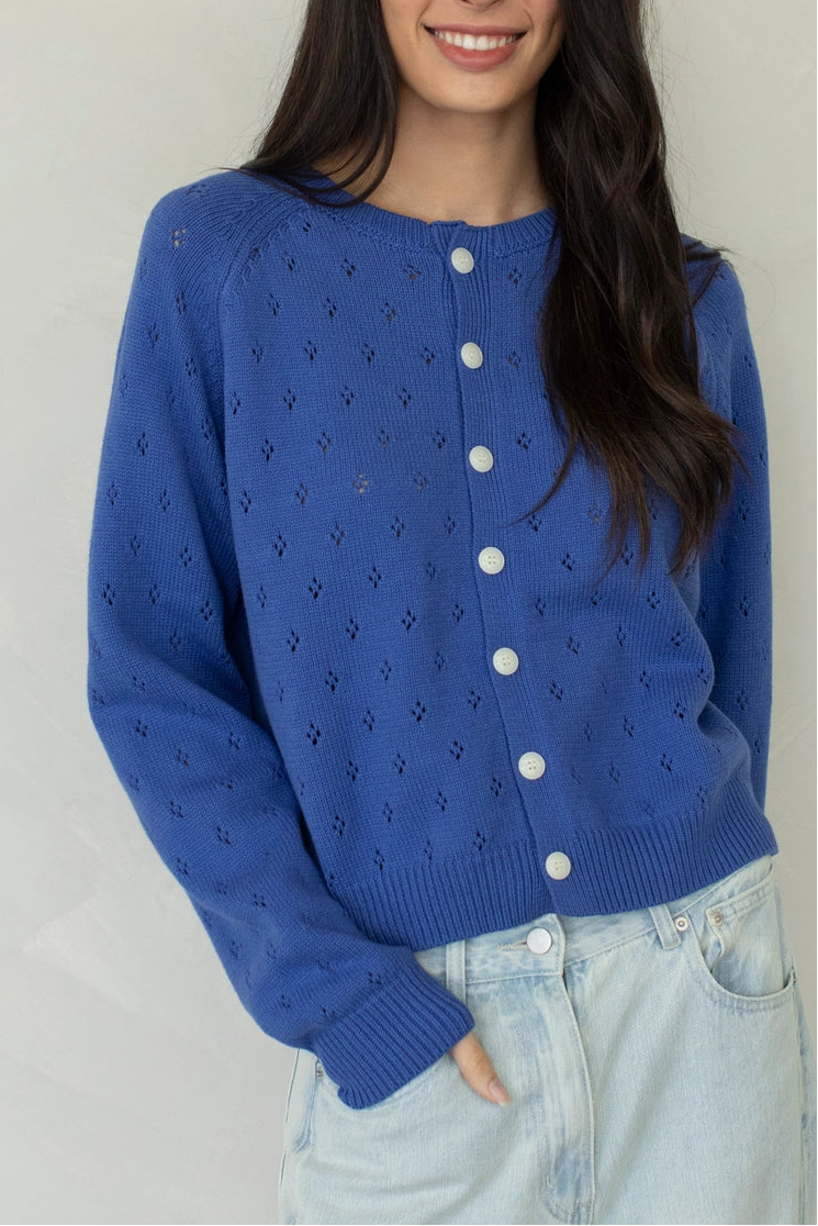 Dara Eyelet Button Down Cardigan in Vintage Blue front view