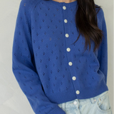 Dara Eyelet Button Down Cardigan in Vintage Blue front view
