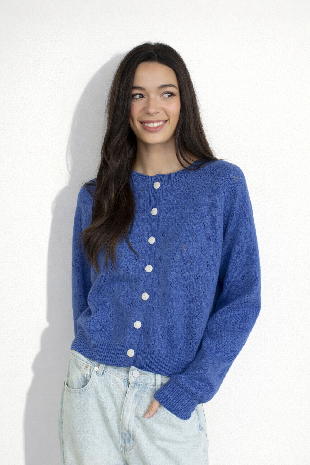Dara Eyelet Button Down Cardigan in Vintage Blue main view