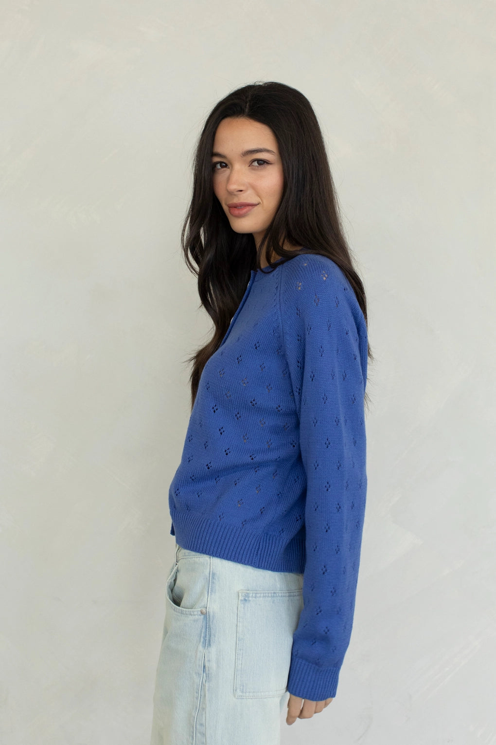 Dara Eyelet Button Down Cardigan in Vintage Blue side view
