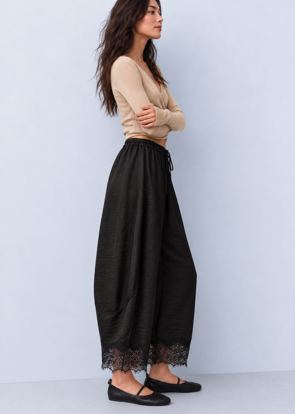 Daydream Lace-Trim Satin Barrel Pants – Black