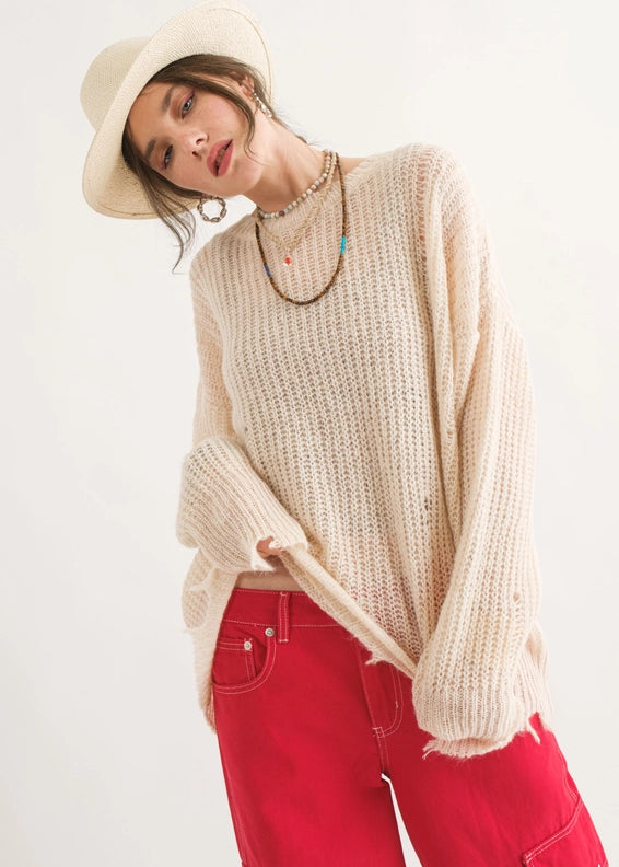 COZY Distressed Loose Pullover Sweater - alldeserved.com
