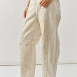 Floral Embroidered Barrel Leg Jeans - Beige