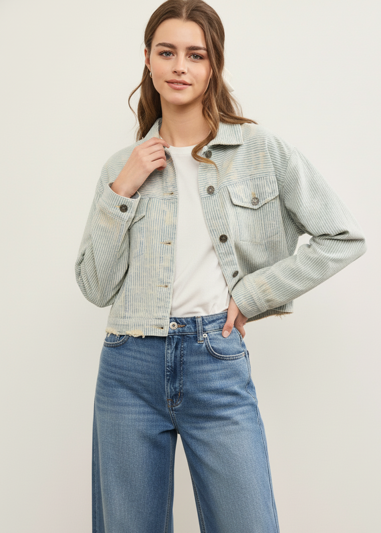 Front view of distressed hem striped denim jacket styled casually in sand wash