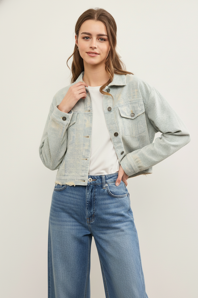 Front view of distressed hem striped denim jacket styled casually in sand wash