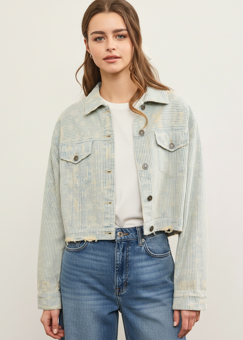 Distressed hem striped denim jacket in sand wash with cropped fit