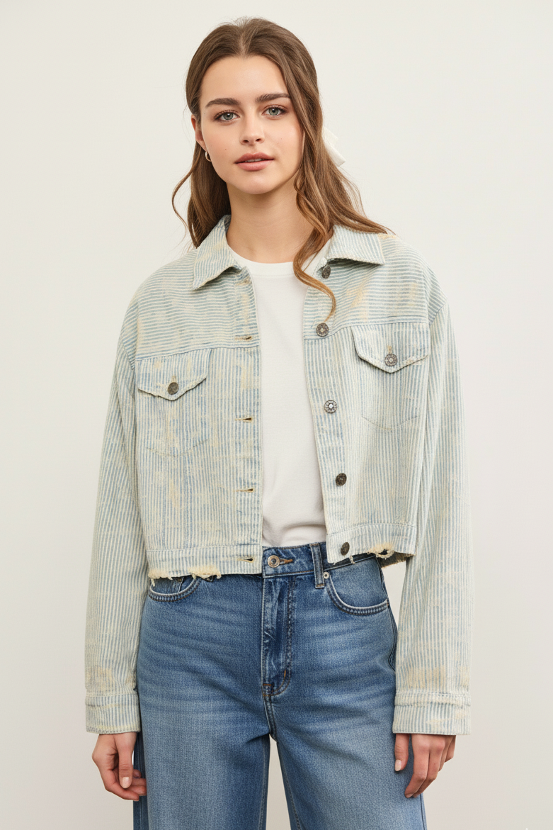 Distressed hem striped denim jacket in sand wash with cropped fit