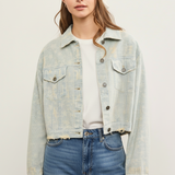 Distressed hem striped denim jacket in sand wash with cropped fit