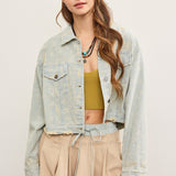 Distressed Hem Striped Denim Jacket - Sand Wash