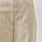 Floral Embroidered Barrel Leg Jeans - Beige