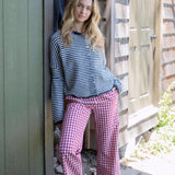 Gingham Ruffle Hem Cotton Pants - Burgundy