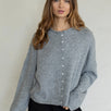 model is  wearing the Hailey Button Down Cardigan (Piper Cardigan) in heather grey
