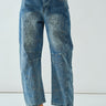 Front flat view of the Floral Embroidered Barrel Leg Jeans in medium wash