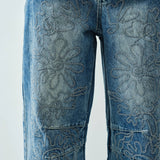 Close-up detail of the barrel-leg shape and denim texture