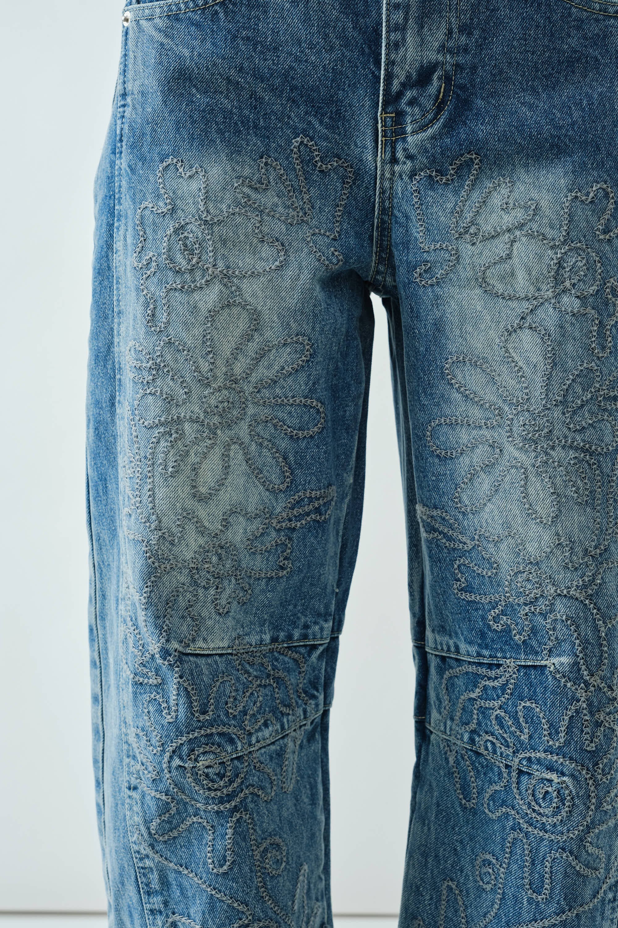 Close-up detail of the barrel-leg shape and denim texture