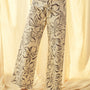 Floral print wide leg denim pants in charcoal with high-rise waist and stretch cotton fabric