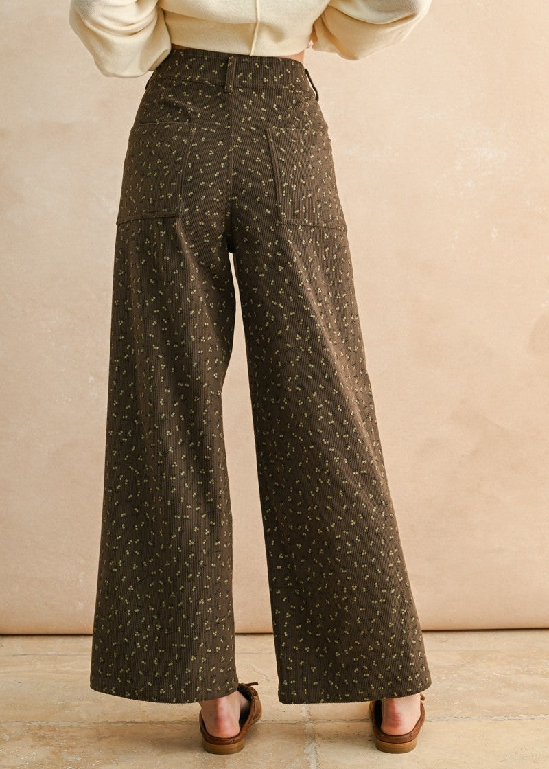 Floral Wide Leg Corduroy Pants – Brown