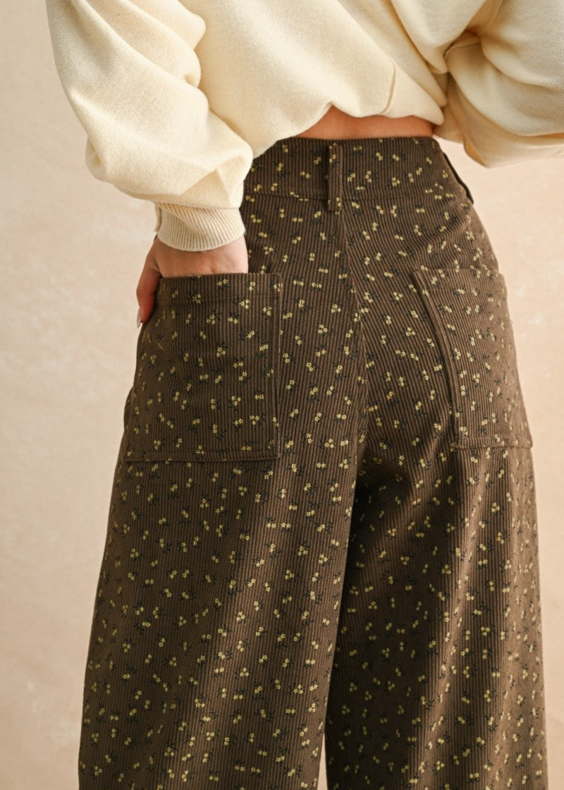 Floral Wide Leg Corduroy Pants – Brown