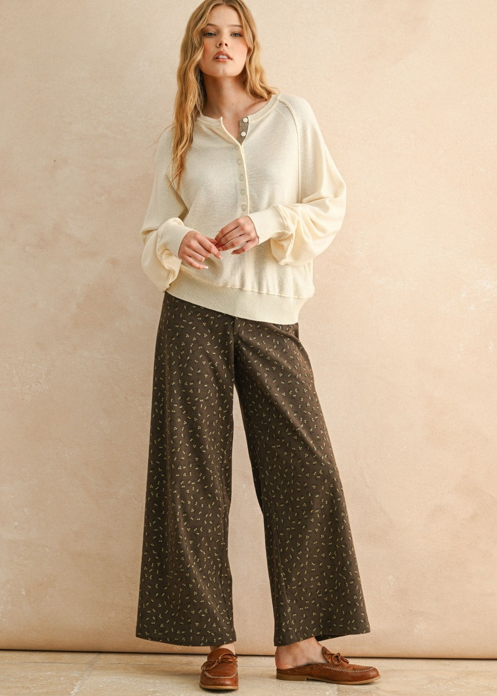 Floral Wide Leg Corduroy Pants – Brown