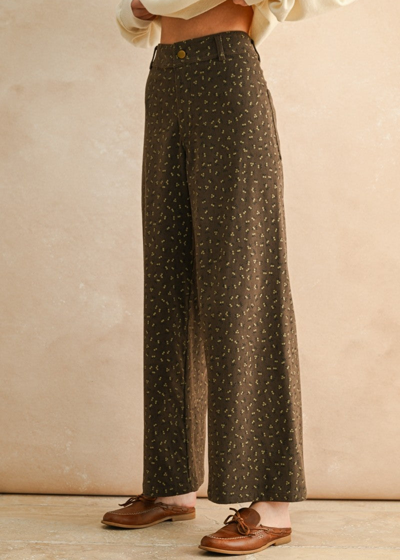 Floral Wide Leg Corduroy Pants – Brown