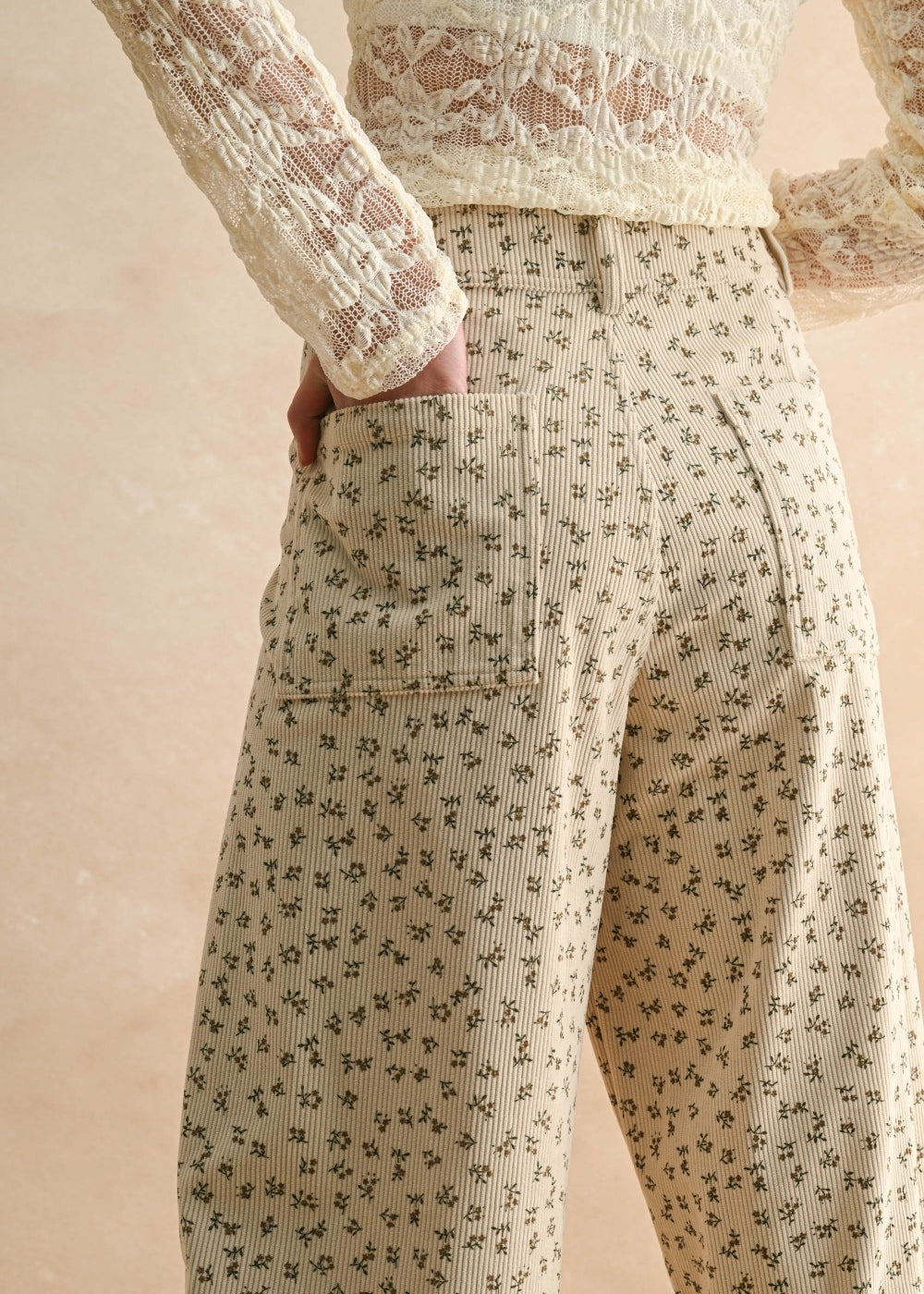 Floral Wide Leg Corduroy Pants – Tan/Olive