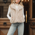 Front portrait of model wearing the Fuzzy Dream Faux Fur Vest