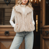 Front portrait of model wearing the Fuzzy Dream Faux Fur Vest