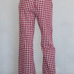 Back view of burgundy gingham cotton pants with relaxed silhouette